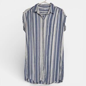 Old Navy Womens L Blue White Striped Button Front Shirt Dress Linen Blend